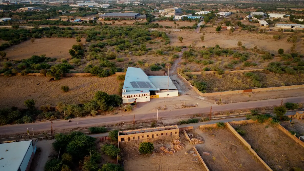 Aerial drone view of RK Wood Industries factory in Salawas, Jodhpur, Rajasthan